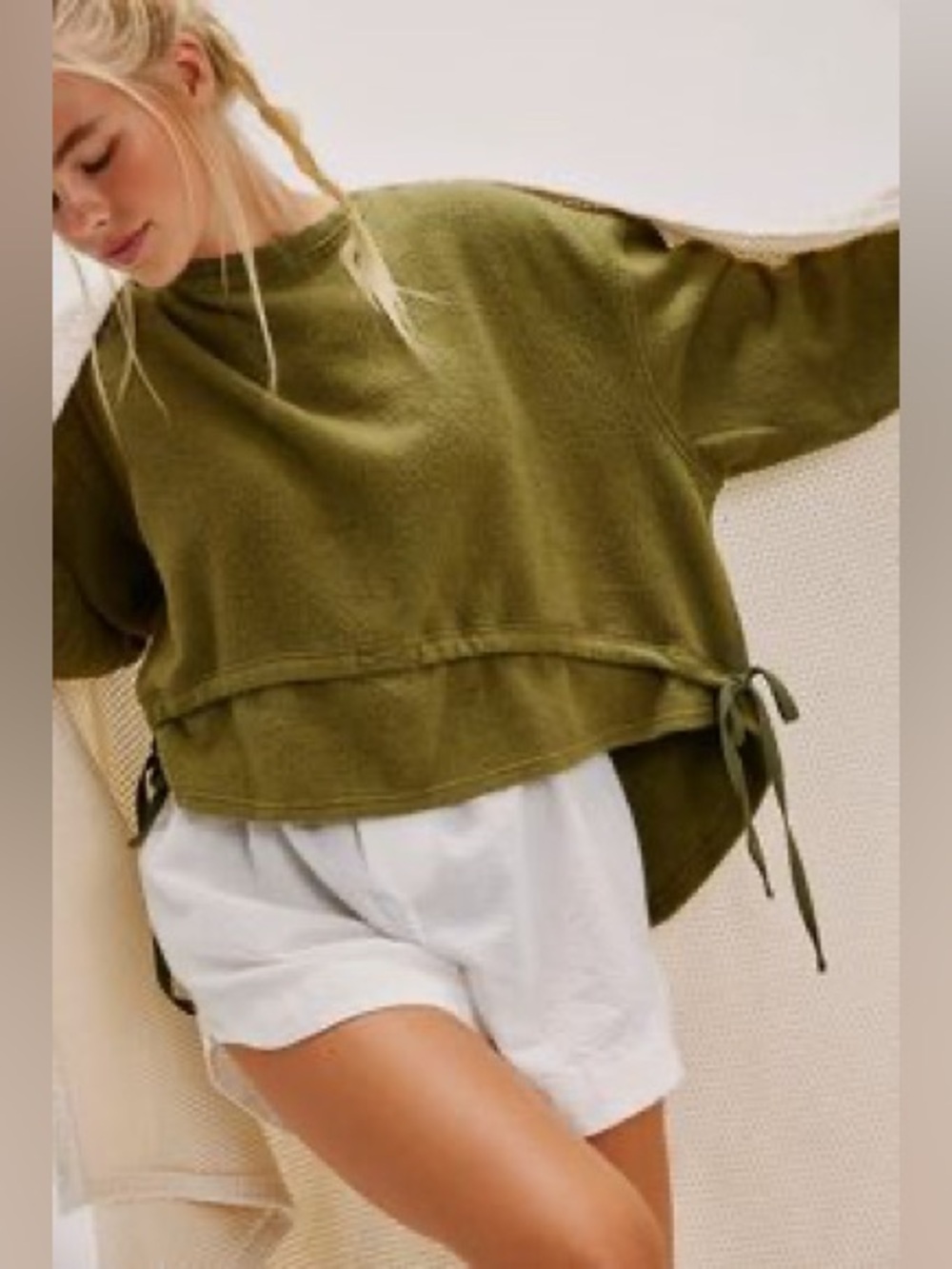 Intimately Free People Olive Green Textured Hi-Low Oversized Pullover Top Size M